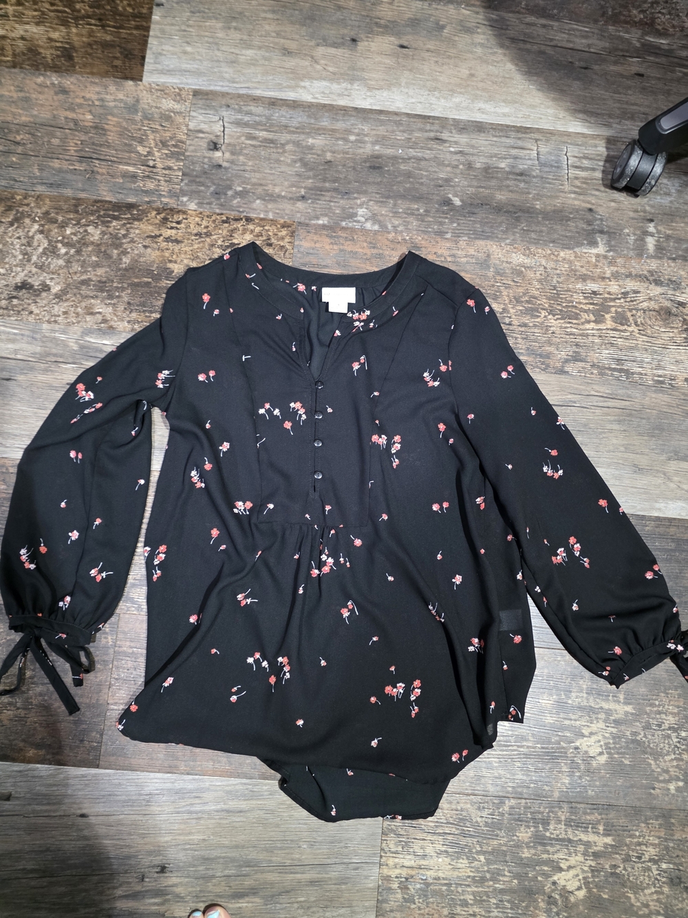 Liz Claiborne Black Blouse with Small Red Floral Print